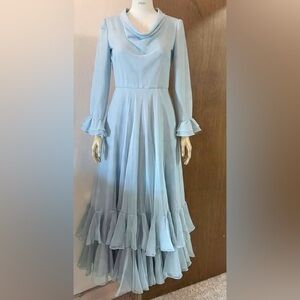 Vintage 1960s Jack Bryan Gown Blue Ruffle Chiffon  Maxi Dress -small Fairycore
